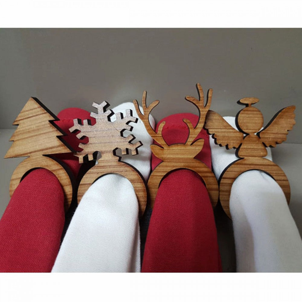 Wooden Christmas napkin rings: angel, reindeer, snowflake and Christmas tree
