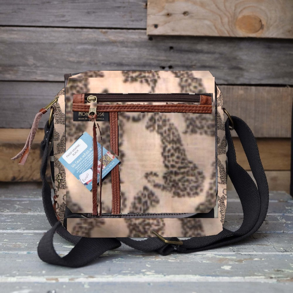 Mongoose Passport Cross Body Bag in Leopard Charcoal-Natural