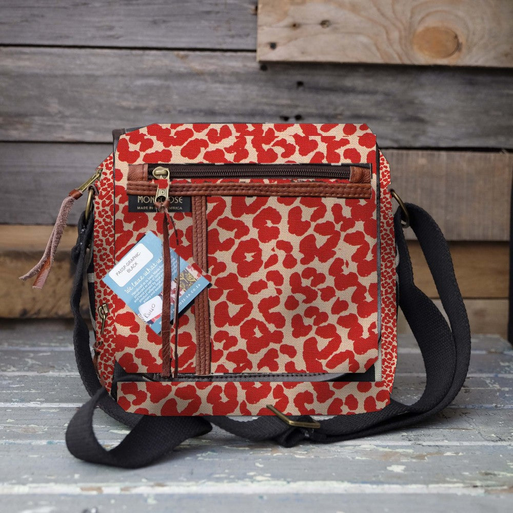 Mongoose Passport Cross Body Bag in Leopard Spots Red-Natural