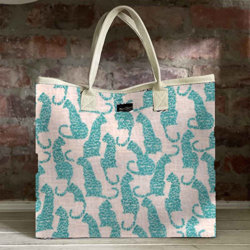 Mongoose Carry Beach Bag in Leopard Teal-Natural