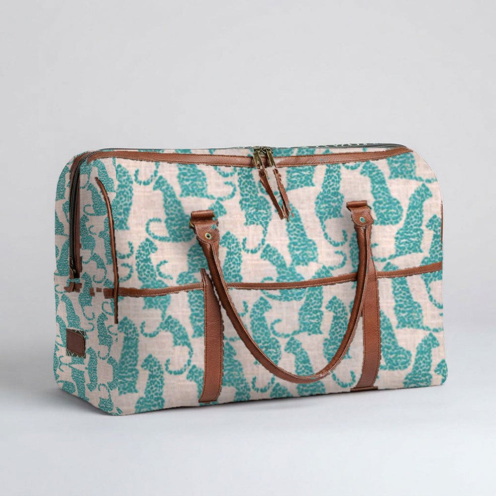 Mongoose Weekender Bag in Leopard Teal-Natural