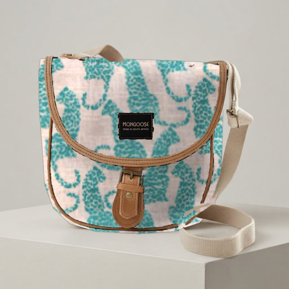 Mongoose Pom Pom Bag in Leopard Teal-Natural