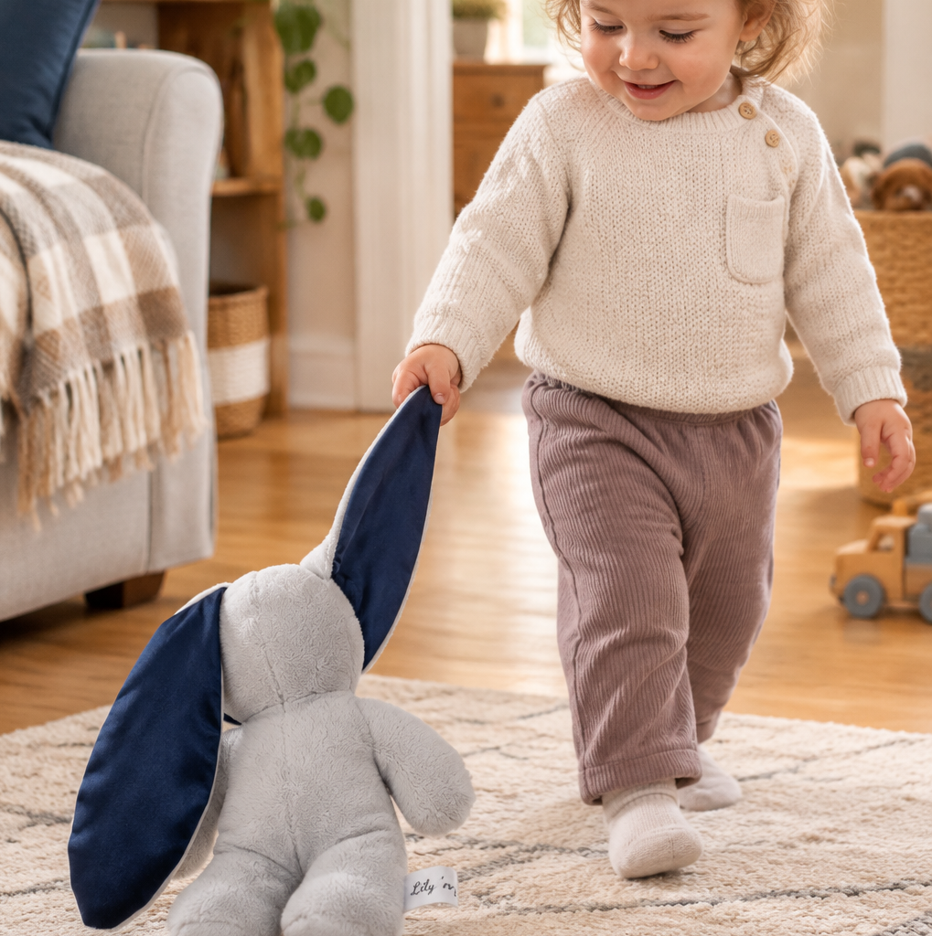 A light gray plush bunny toy shown from the back, featuring long, floppy dark navy blue satin ears.