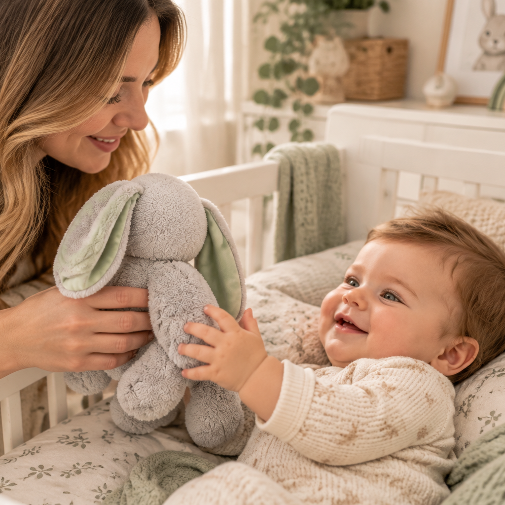 Grey Snuggle bunny Plush toy with satin sage green ears being handed to a baby by his mom. 