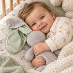 Grey Snuggle bunny Plush toy with satin sage green ears being snuggled by a baby. 