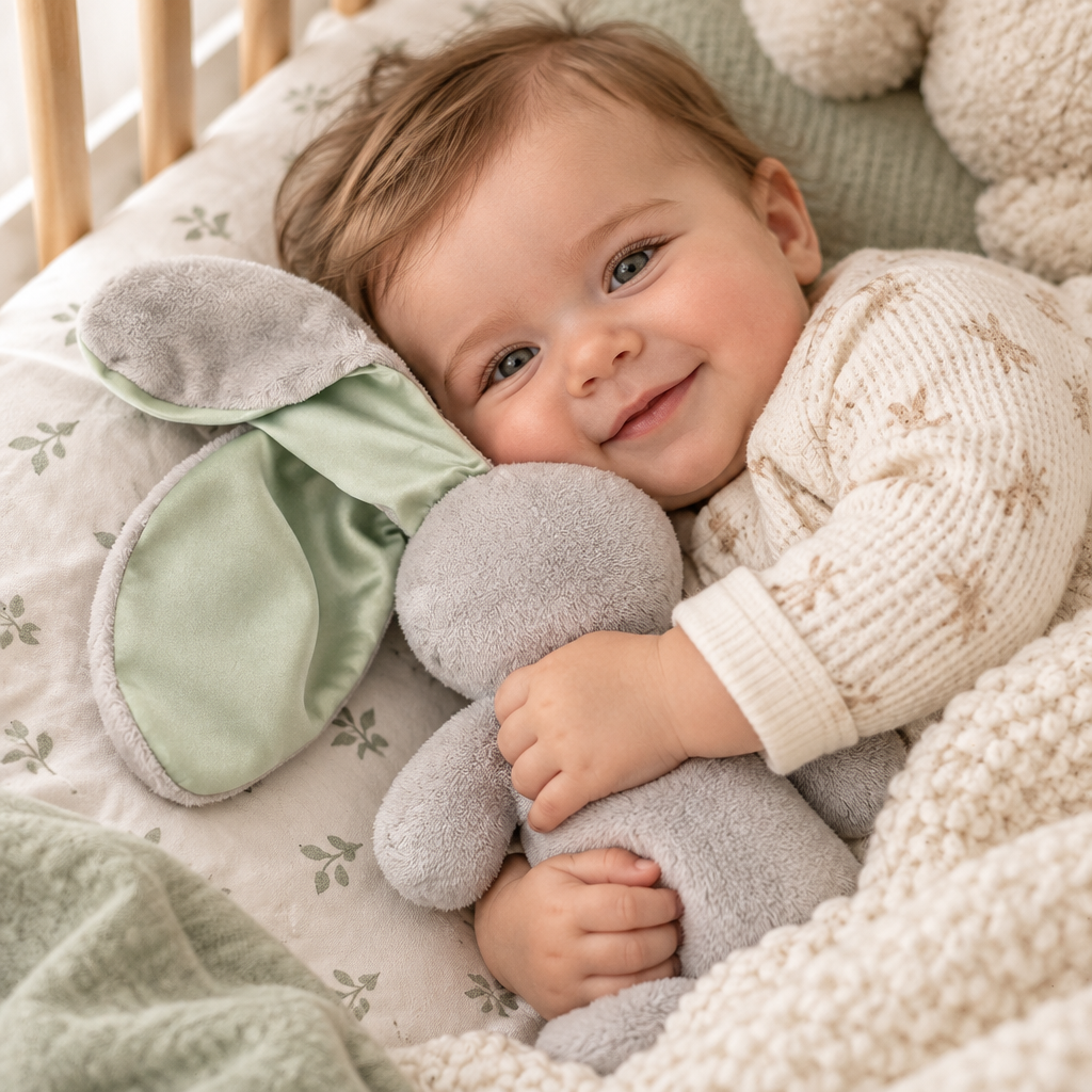 Grey Snuggle bunny Plush toy with satin sage green ears being snuggled by a baby. 