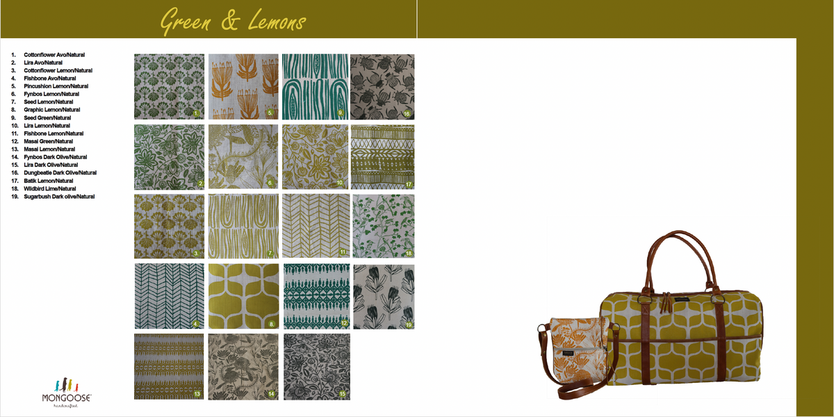 Mongoose Alice Bag colour swatches - greens and lemons