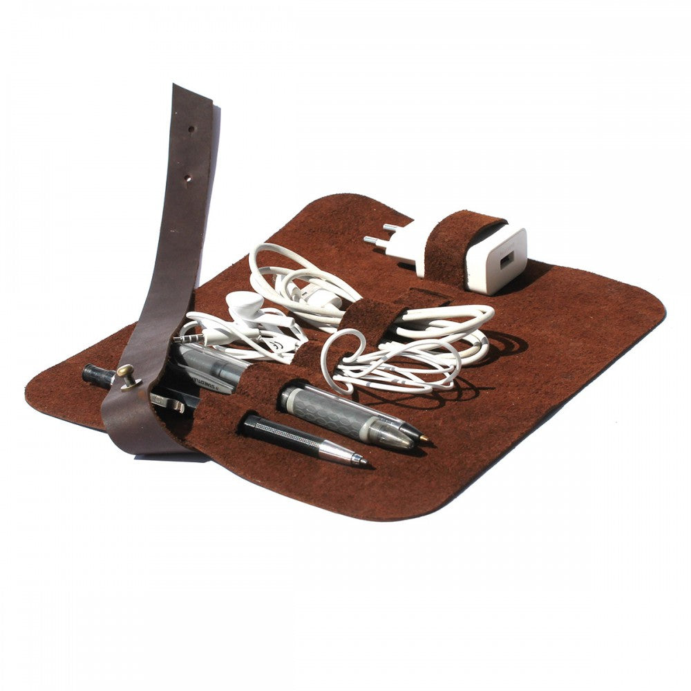 Leather Roll-up Cable Organiser – BROWN – view 2