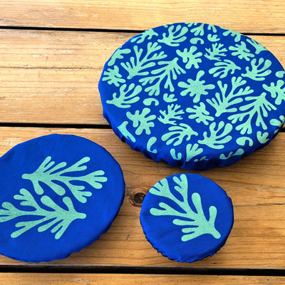 NiNi Bowl Covers – SEAWEED – Turquoise on Blue