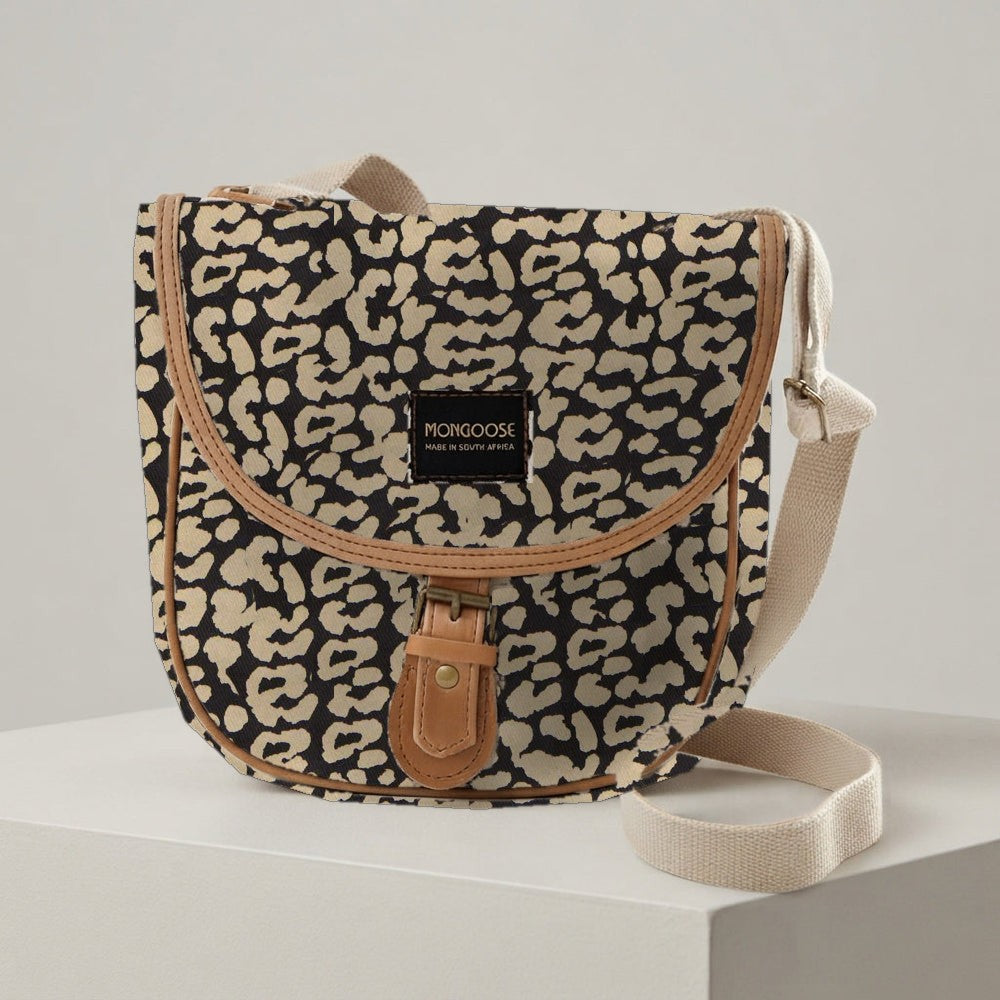 Mongoose Pom Pom Bag in Leopard Spots Natural-Black